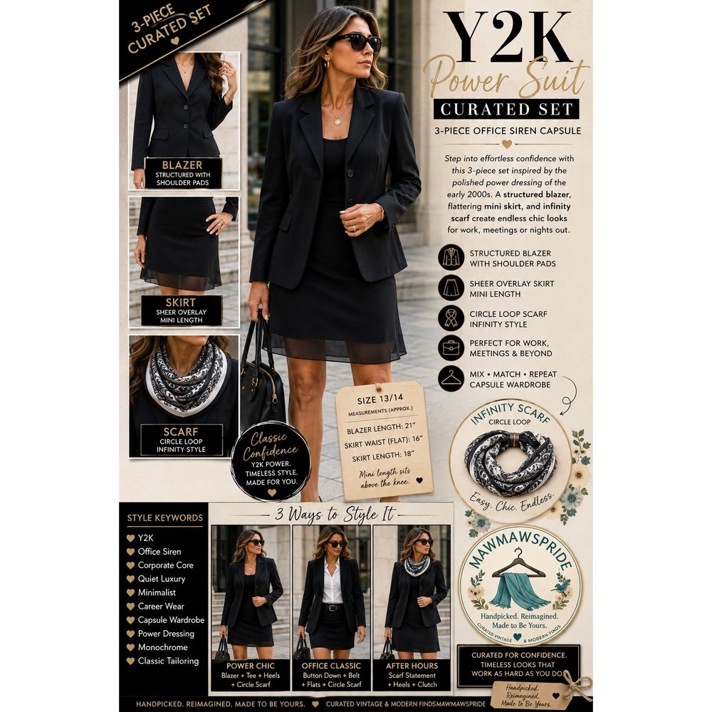 Y2K Power Suit Curated Set3-Piece Office Siren Capsule Blazer, Skirt Size 13/14